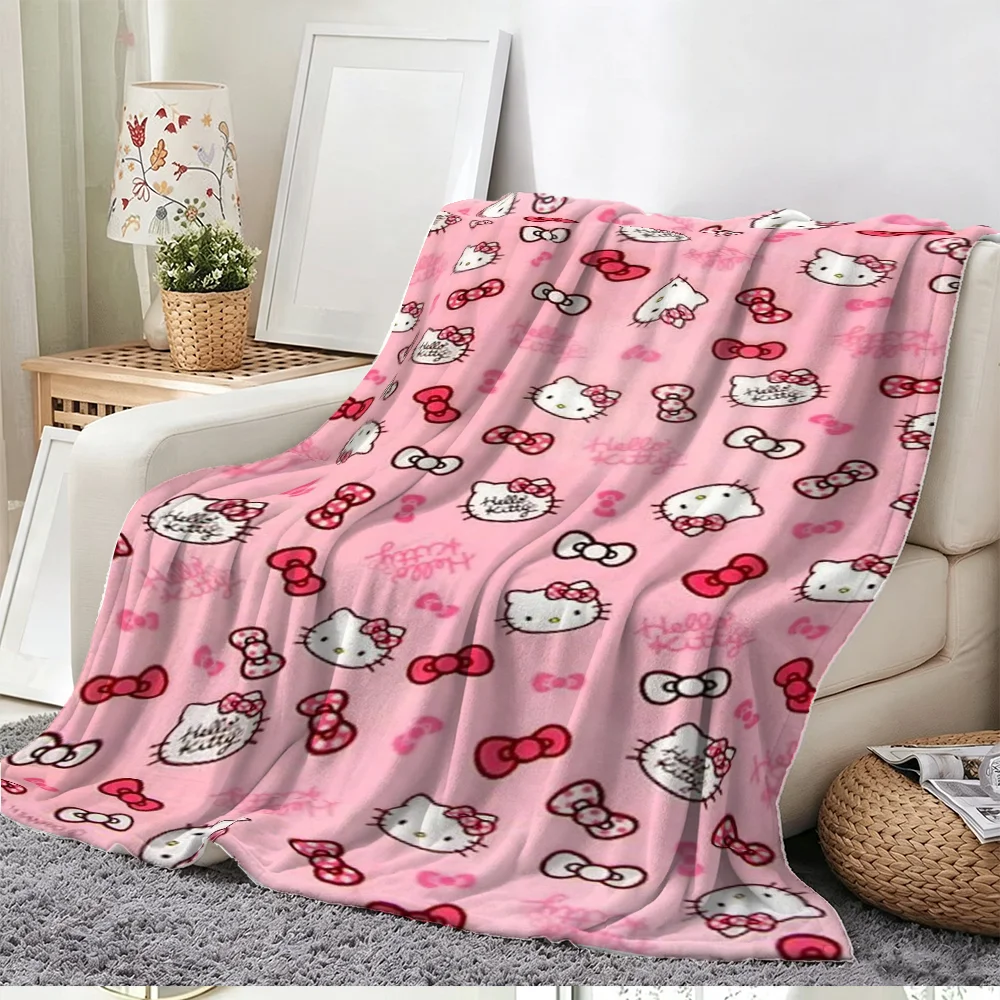 Hello Kitty Pattern Pink Blanket with Cute Cat Face and Red Bow Print, Kawaii Cartoon Character All Over Design for Girls