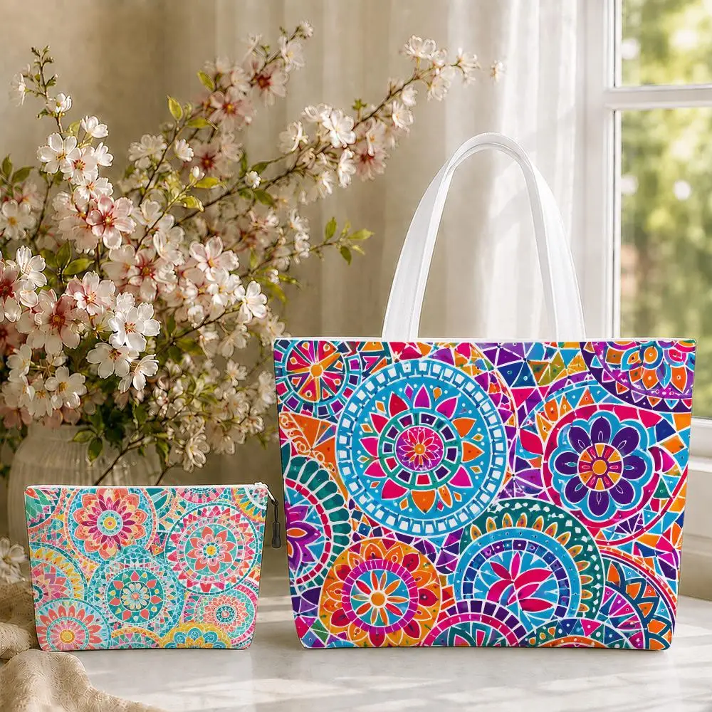 Boho Mosaic Mandala Storage Bags 2-Piece Zipper Sustainable ToteBag Set Tear‑Resistant Large Capacity Weekender Travel&Gift