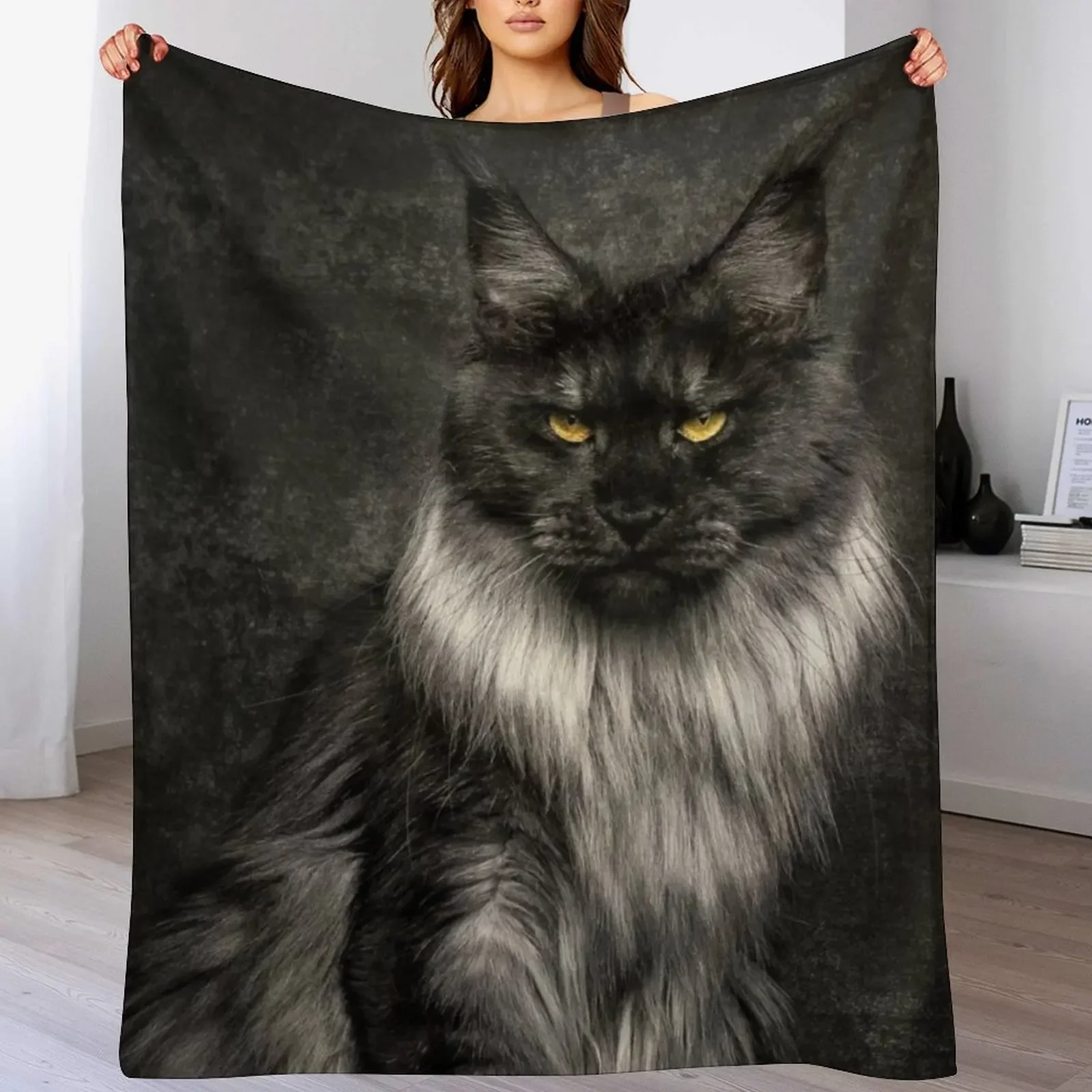 

Silver Maine Coon Cat Portrait Throw Blanket blankets and throws Softest Plaid Designers Blankets