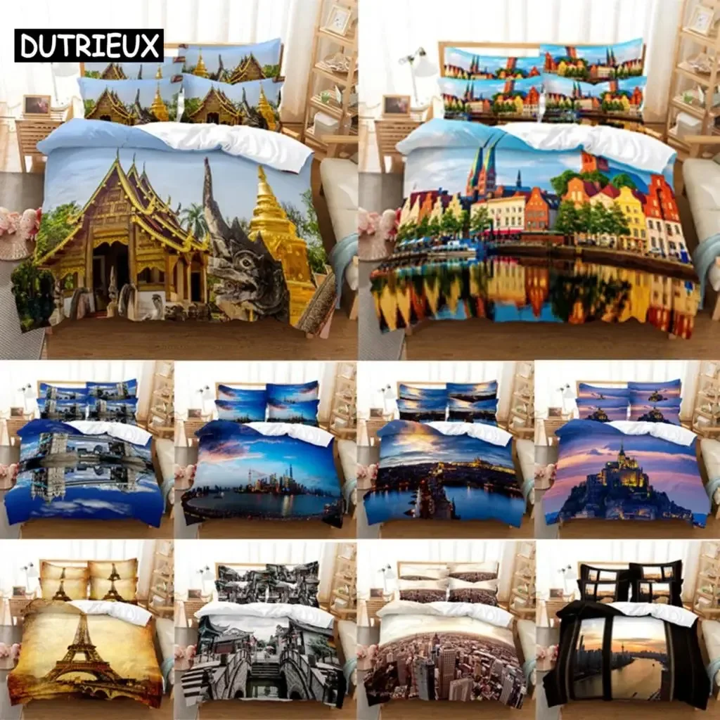 Duvet Cover Set 220x240 Double Bed Set 3D HD Quilt Pillow Case Linen King Full Queen Twin Single Building 3PCS 2PCS Kids Adult