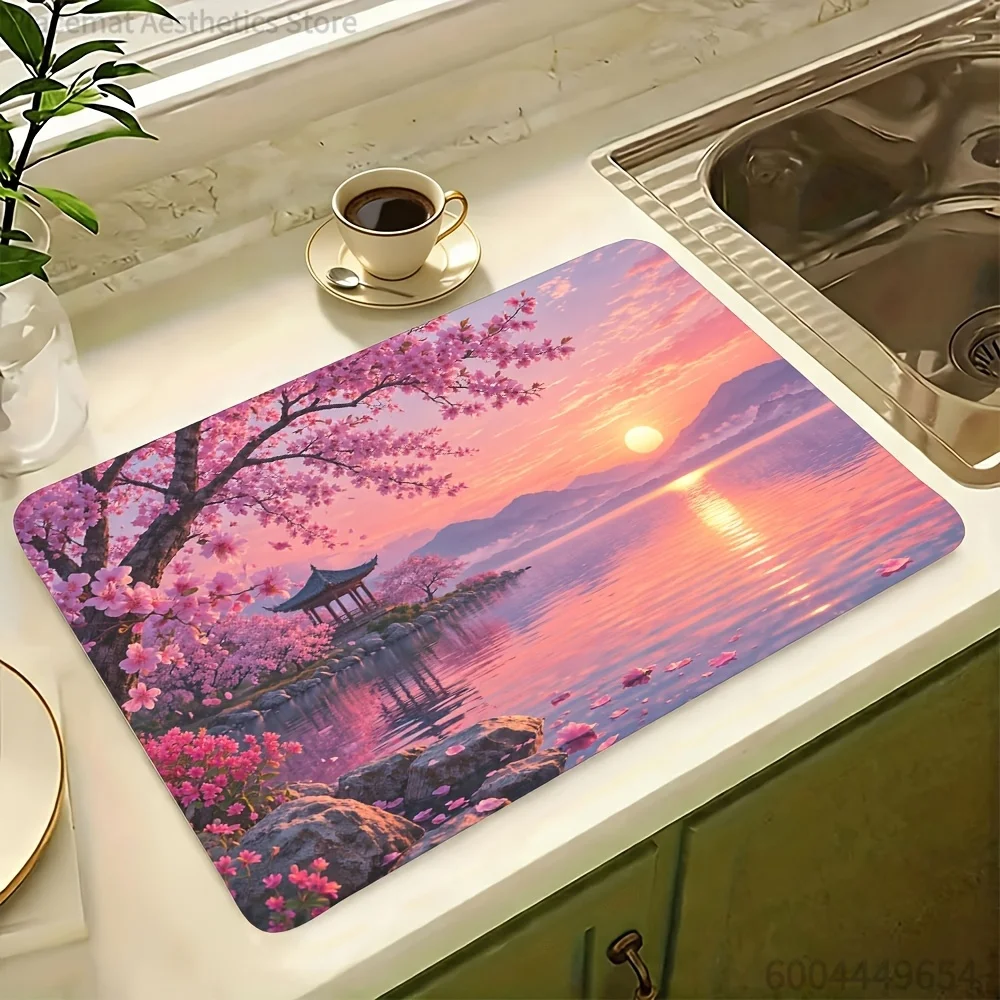ndscape, Cherry Blossom, Cactus, Starry Sky Print Super Absorbent Waterproof Kitchen Dish Drying Mat Decor Placemat