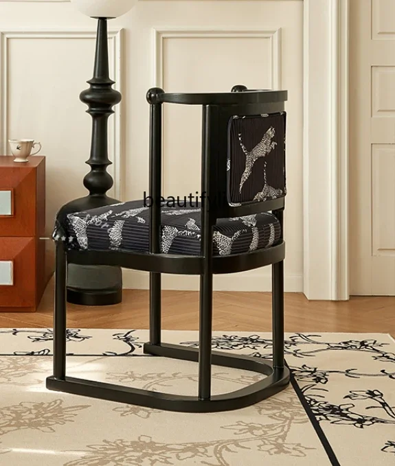 

French cream style solid wood black dining chair light luxury high-end designer chair bedroom home