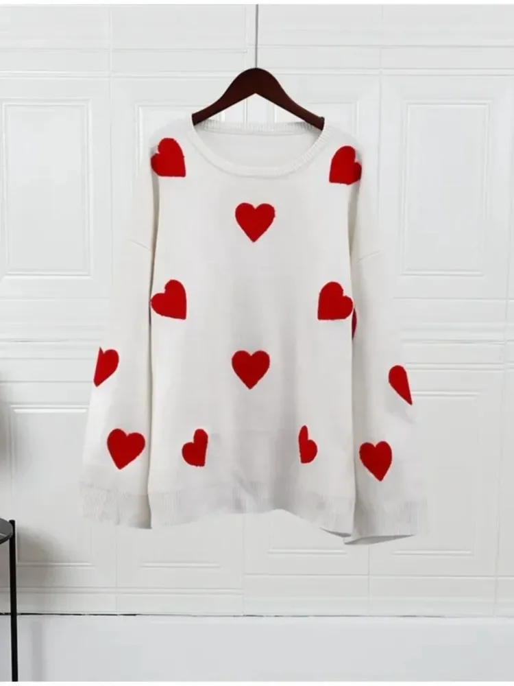 Mingmingxi Love Heart O Neck Knit Sweater for Women Embroidery Long Sleeve Pullover Sweaters Female Oversized High Street Jumper