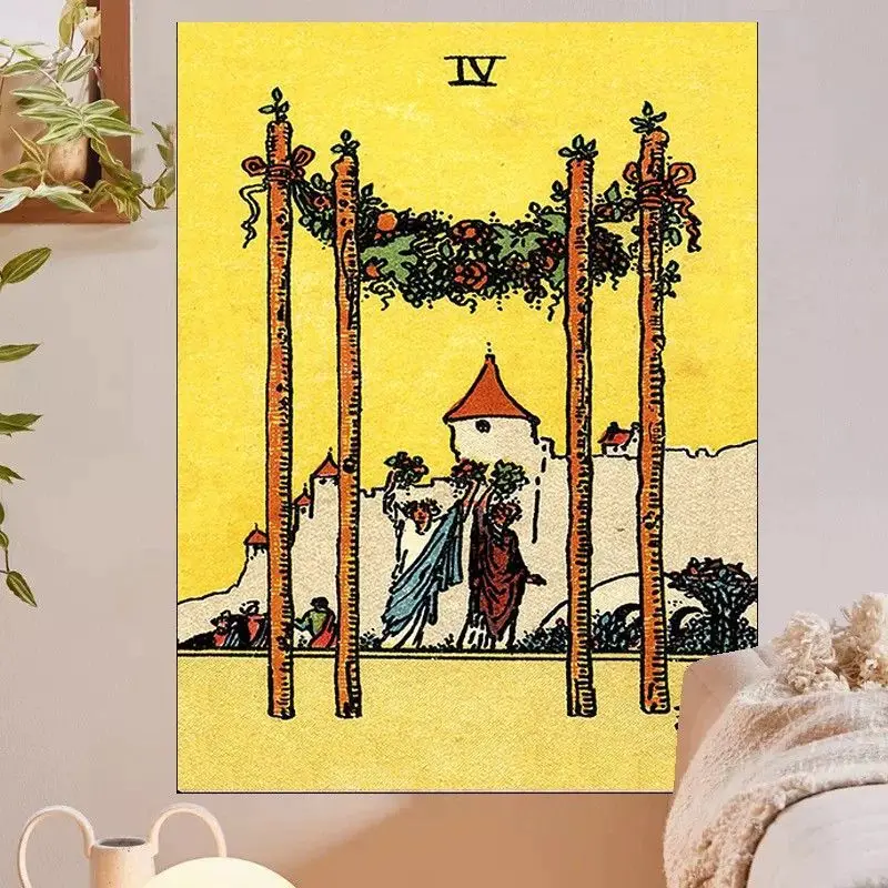VIKAMA Four of Wands Tarot Card Wall Tapestry Yellow Background Staff Arch Garland Castle Celebration Mystical Occult Decor Soft