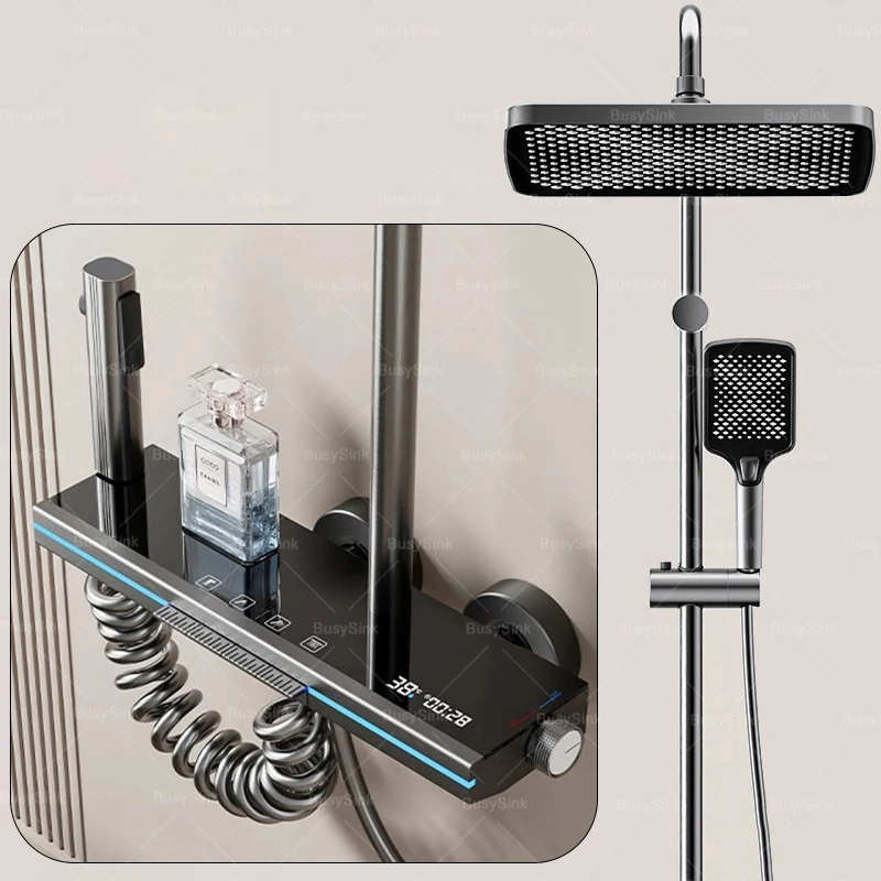 

Bathroom Shower System Set Multifunction Intelligent Digital Display Piano keys Ambient Lighting Effect Pressurized Shower Set