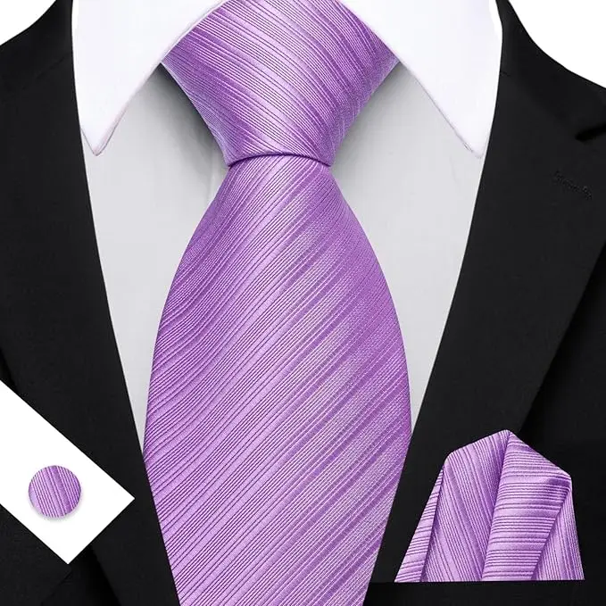 Elegant Men's Tie Set Necktie Pocket Square Cufflinks Striped 3Pcs Formal Business Wedding Party Purple Lilac Green Mint Blue