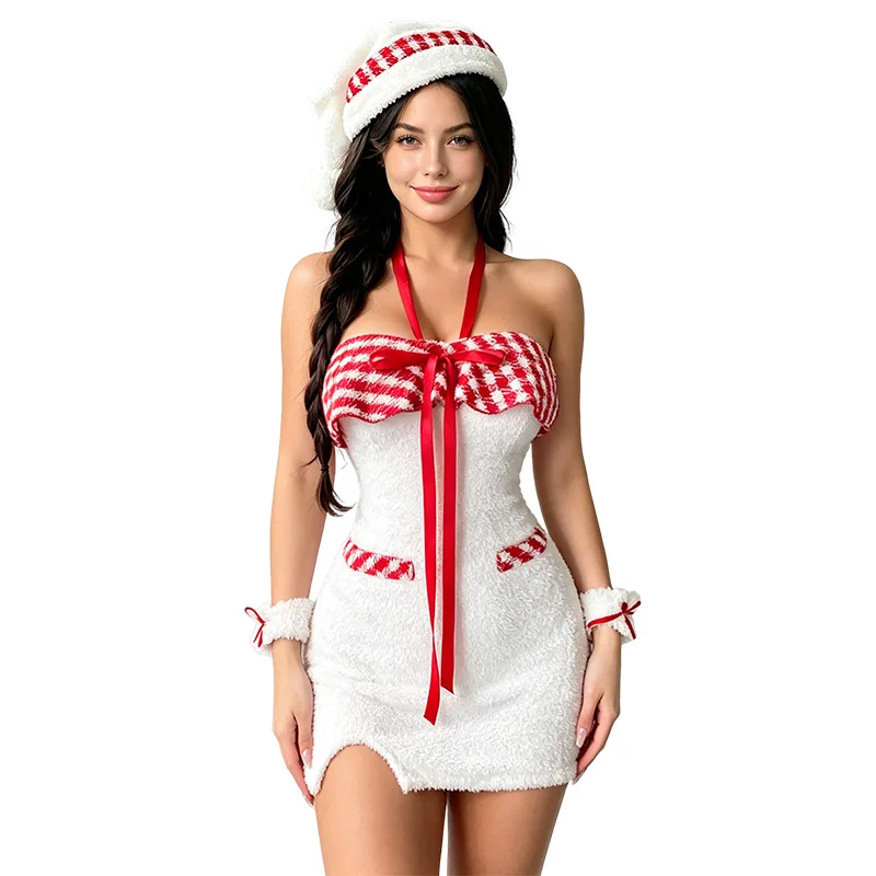 Lencería Sexy de Navidad para Mujer al por Mayor, Disfraz de Chica de Año Nuevo, Vestido Rojo Hueco con Hombros Descubiertos, Camisón de Invierno