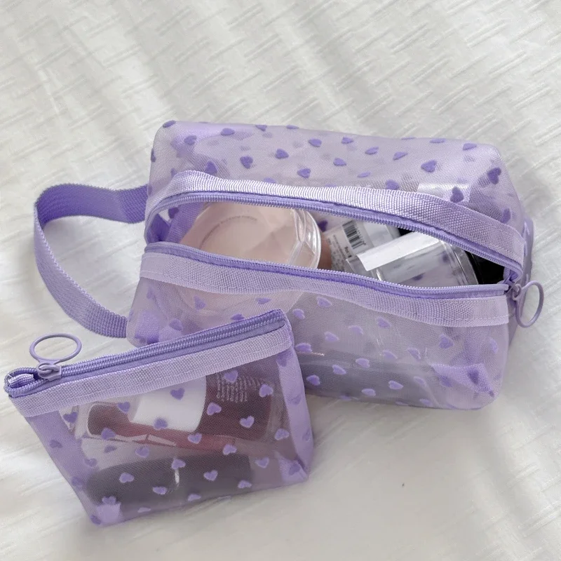 Purple Heart Printed Mesh Transparent Cosmetic Bag with Card Holder Purse, Portable Travel Makeup Organizer Toiletry Storage Bag