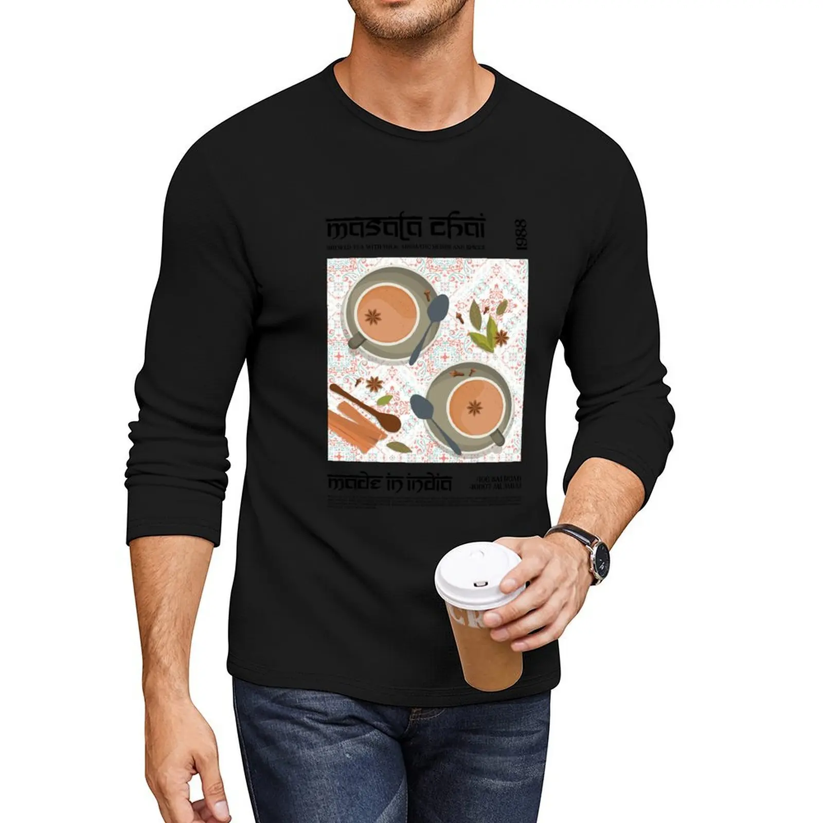 Camiseta larga Masala Chai Wall Art, camiseta de anime de talla grande, camisetas pesadas para hombres