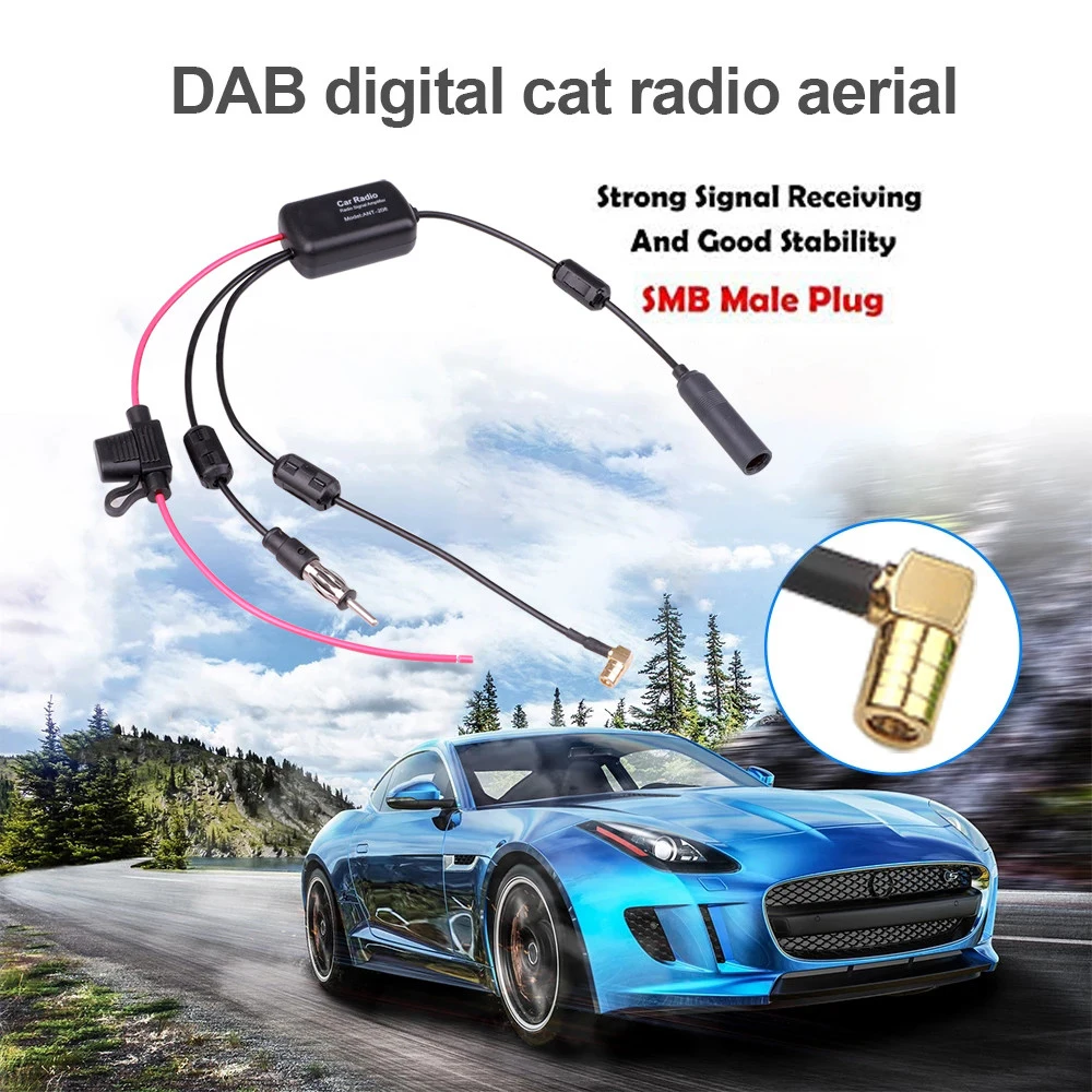DAB + FM + Car เสาอากาศสเตอริโอเสาอากาศอะแดปเตอร์สายแยก12V penguat sinyal Radio เสาอากาศบูสเตอร์อุปกรณ์เสริมรถยนต์