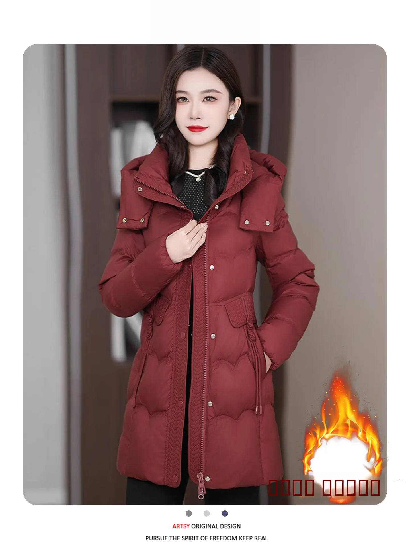 

Женское утепленное хлопковое пуховое пальто средней длины с капюшоном, приталенное, в корейском стиле, для повседневной носки, с длинными рукавами, на молнии, однотонное