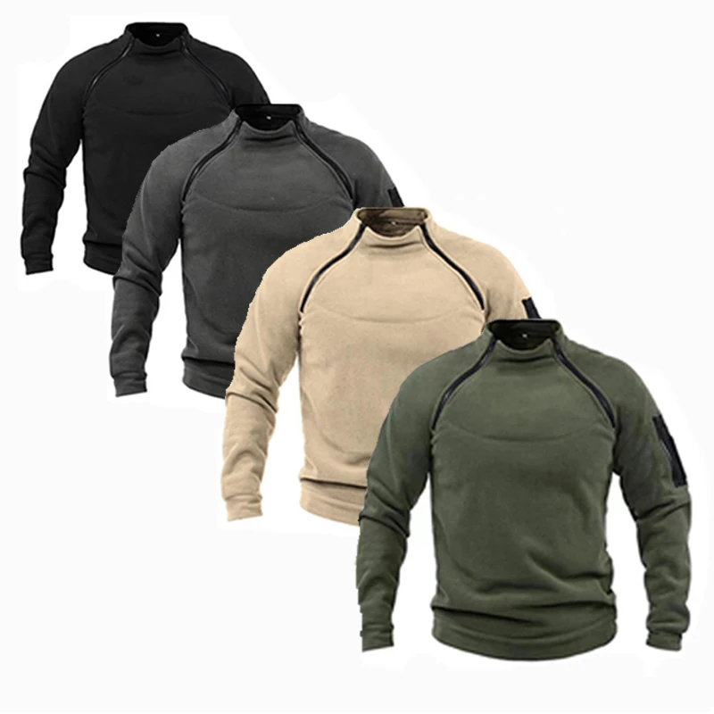 Hunting Clothes for Man Winter Tactical Outdoor Jacket Zippers Fleece Pullover Mans Hiking Sweater Warm Stand Collar Sweatshirt