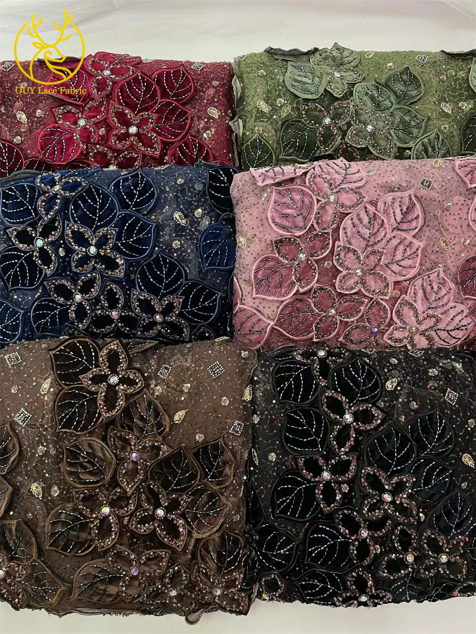 Weinroter Luxus Afrikanischer Samt DIY Handgemachte Stickerei Blatt-Pailletten Spitzenstoff 2026 Französischer Bräutigam Perlen-Spitzenstoff Kleid – Detail 3