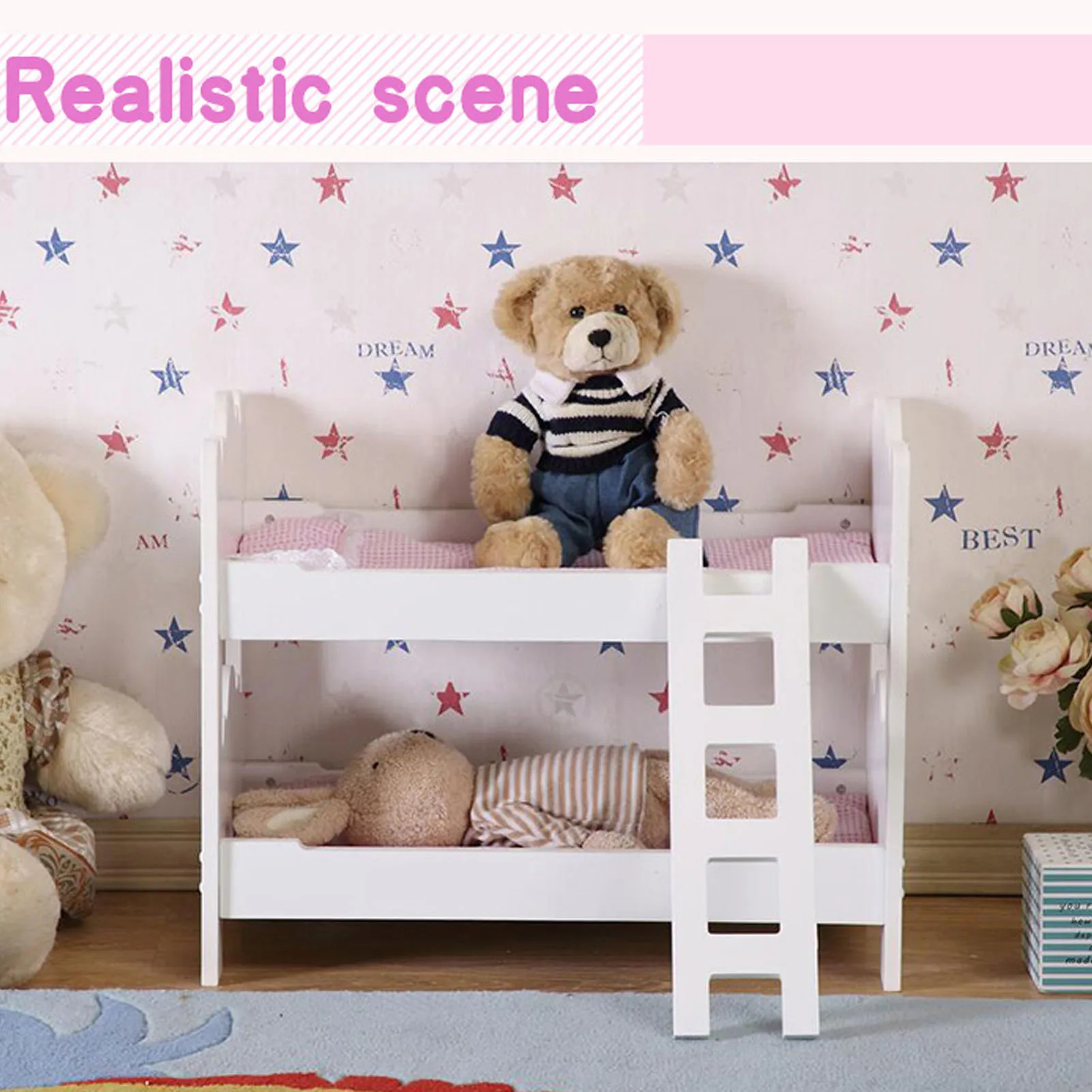 

Wooden Play Bunk Bed Baby Doll Bunk Bed Easy Assembly Wooden Play Bunk Bed with Ladder Pink Bedding for 18in Dolls 53*27.7*44cm