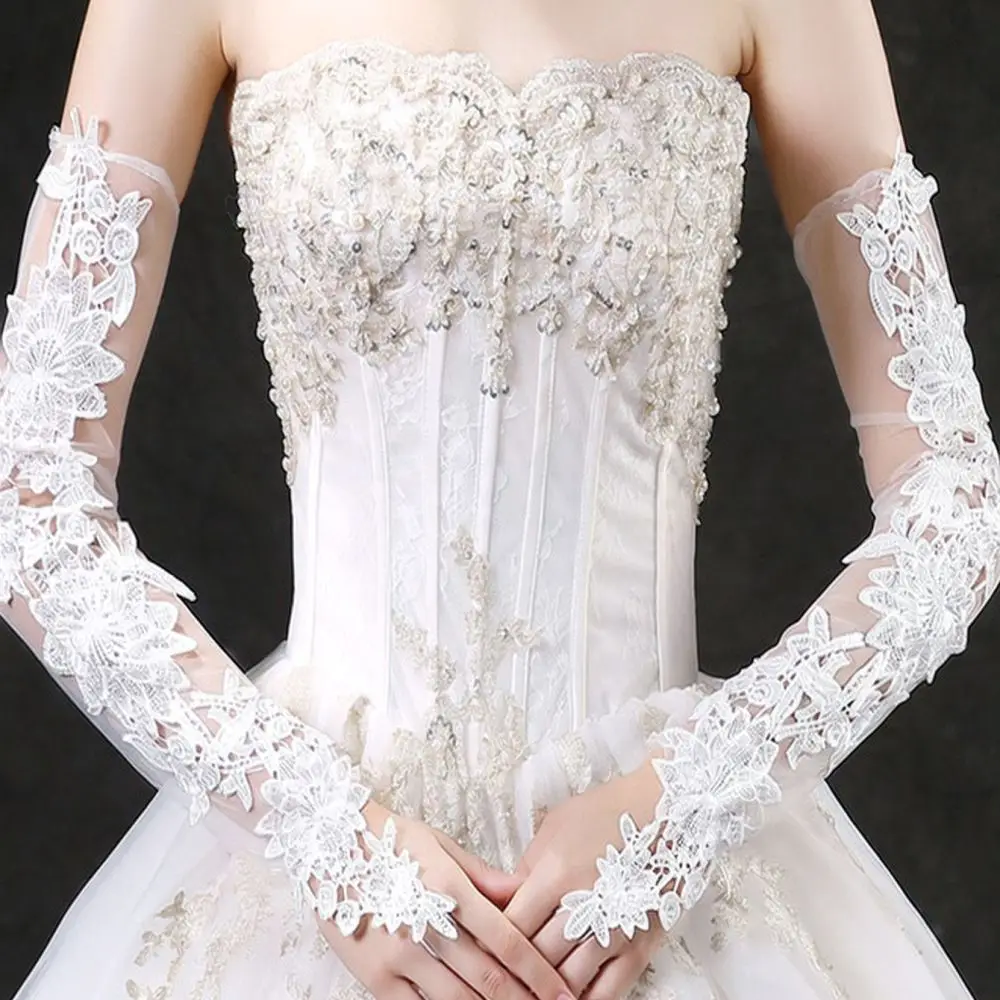 Women White Lace Long Gloves Bridal Wedding Sleeves Hollow Out Sheer Mesh Fingerless Elegant Hand Decor