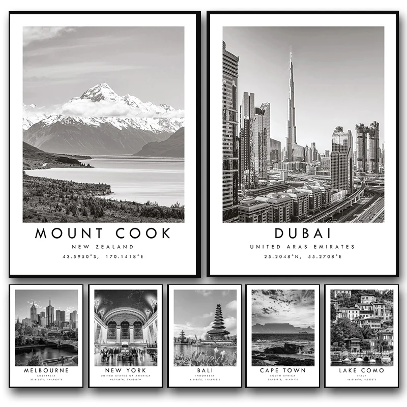 Black White Travel City Poster Dubai Prague Sydney Perth Tokyo Print Canvas Painting Wall Art Picture for Living Room Home Decor