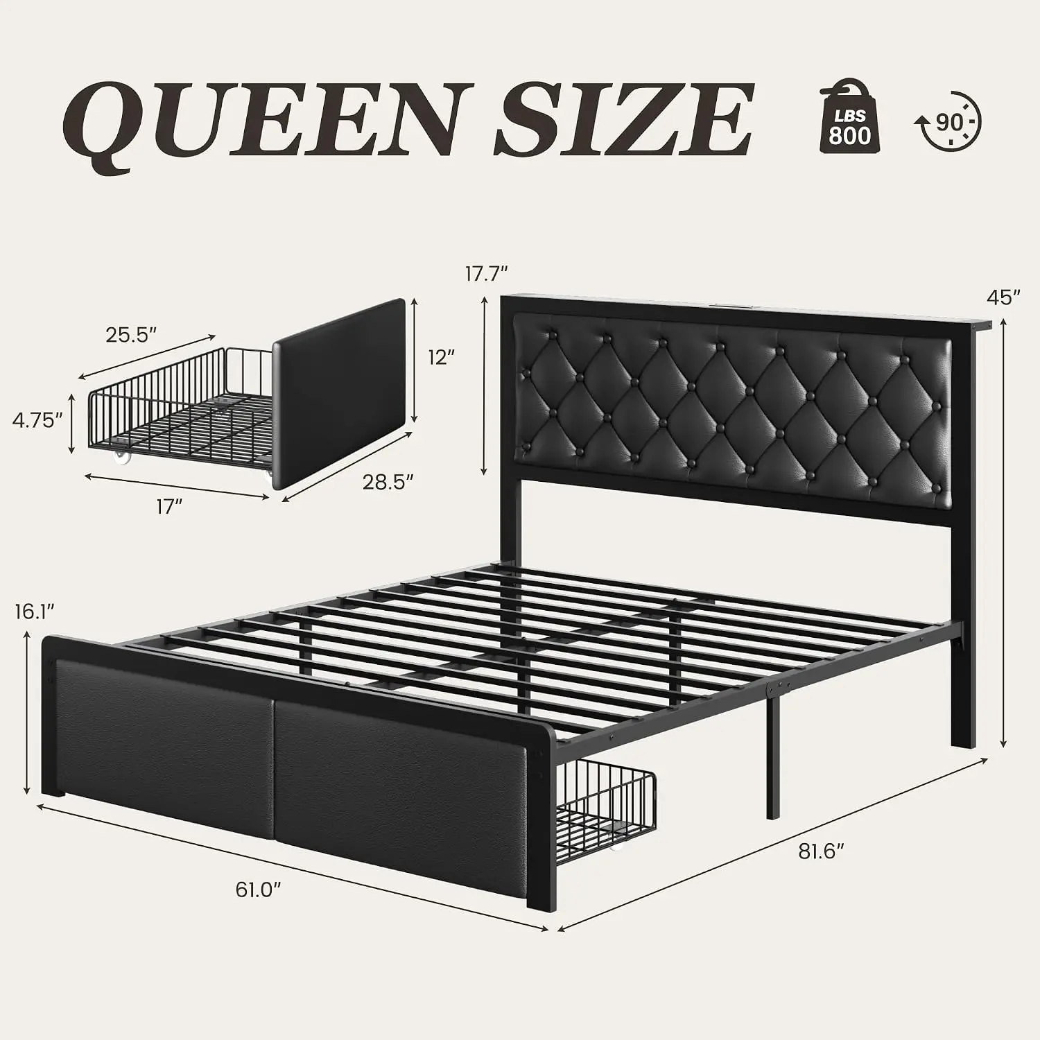Queen Bed Frame with 2 Storage Drawers, Upholstered Headboard Button Tufted Bed Frame with Charging Station, No Box Spring Neede