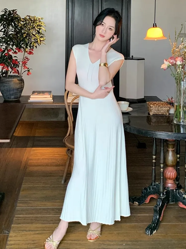 Robe tricotée sans manches pour femmes, Simple, couleur unie, col en v, ligne a, pull, décontractée, élastique, tricot, robe mi-longue