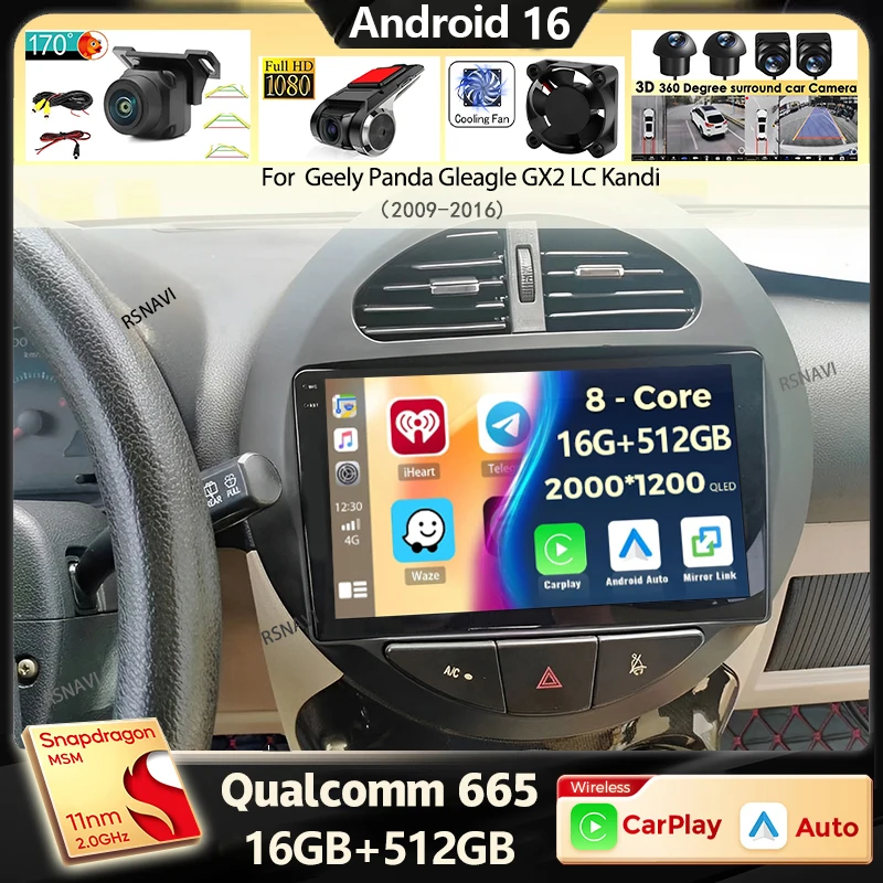 Radio para Auto con Android 16 y Carplay para Geely Panda Gleagle GX2 LC Kandi 2009-2016, Navegación GPS, Reproductor Multimedia de Video, Estéreo