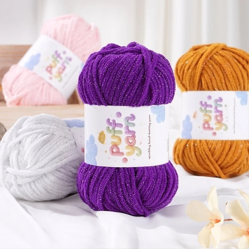Puff Chenille Chunky Yarn Sparkly Glitter Soft Plush Bulky Yarn for Crochet Doll Slipper Scarf Blanket Hand Knitting DIY Craft