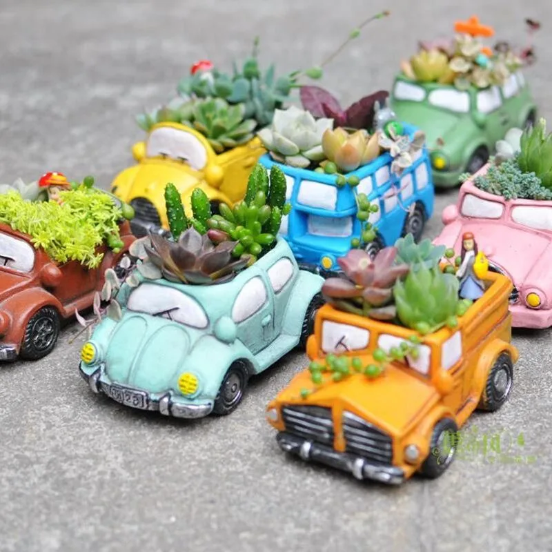 Unique Car Shaped Flower Pot Creative Vintage Hand Painted Plant Pots Indoor Outdoor Vase Garden Planter Home Decor Gift