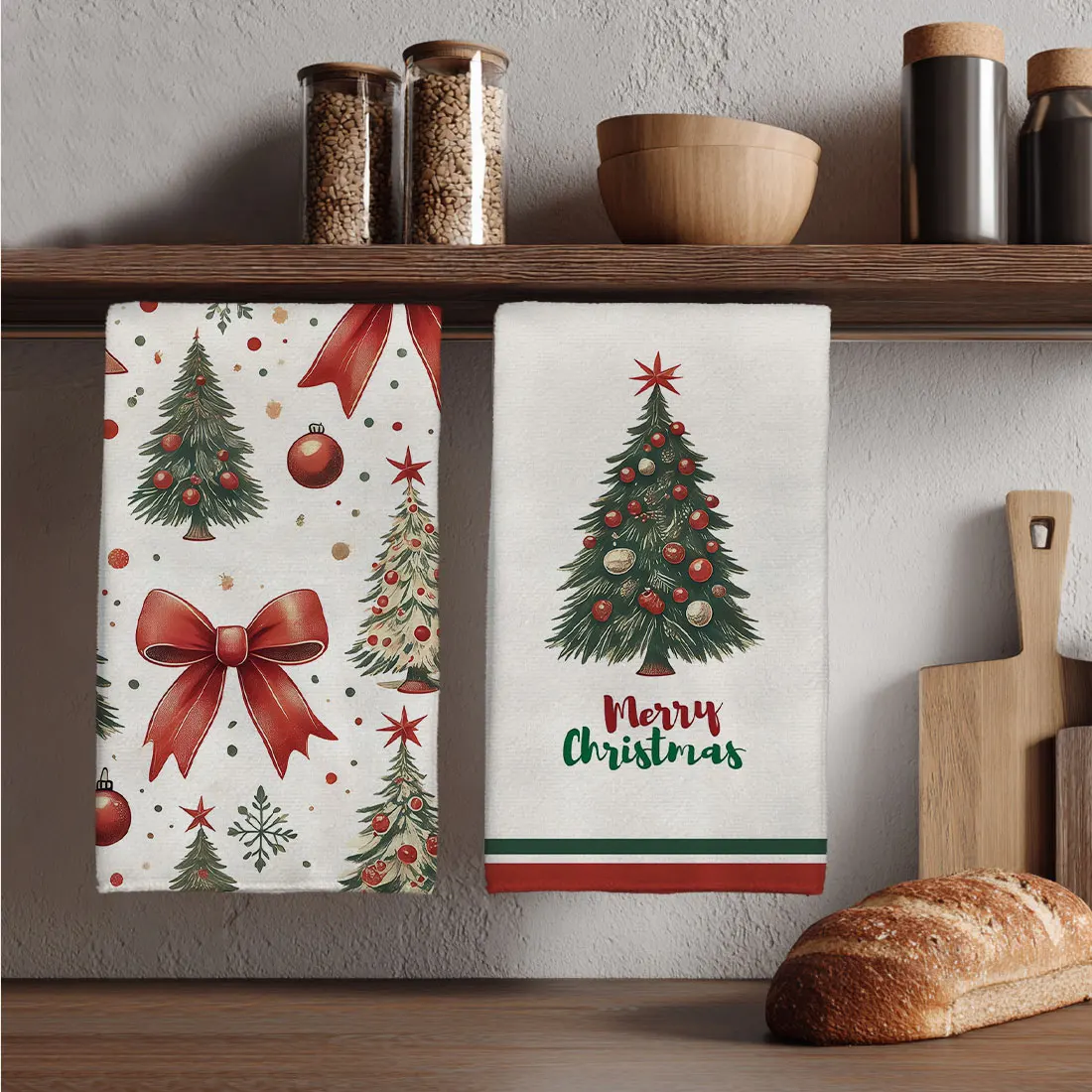 2PCS Christmas Kitchen Towels with Bow Christmas Tree Pattern,40x60cm Ultra fine Fiber Kitchen Towels,Christmas Home Decorations