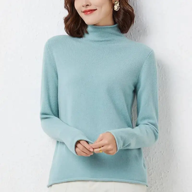 

Seamless Solid Bottoming Pullovers Woman Rolled Half Turtleneck Chic Design Jumpers Casual Slim Fit Warm Knitted Sweater Mujer