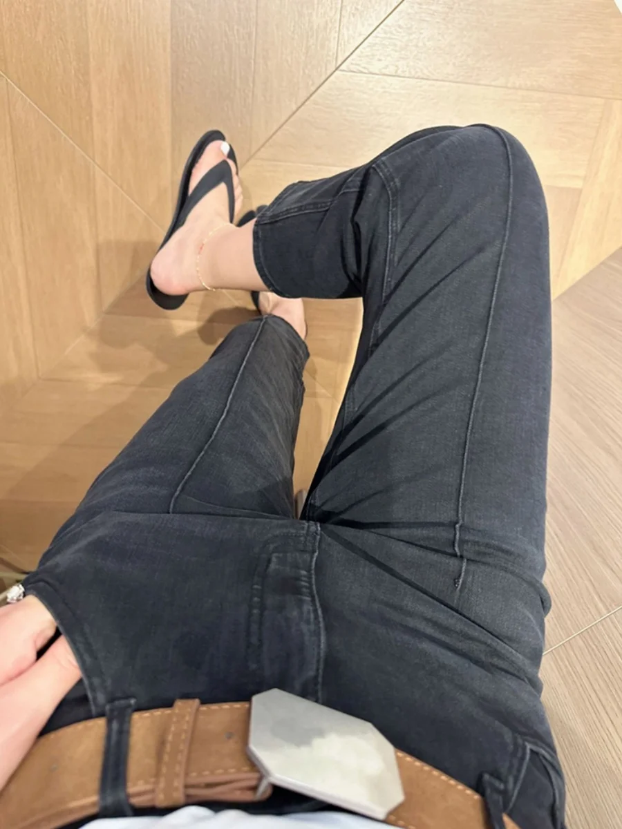 하이웨이스트 신축성 있는 블랙 나인텐스 진 여성용 봄 가을 신상품 큰 사이즈 통통한 여성용 슬림핏 가리개 효과 스트레이트 레그...