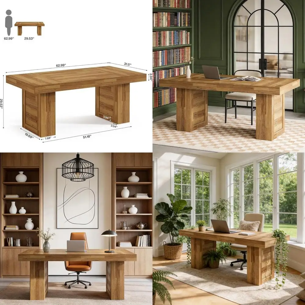 

Large 63 Executive Wooden Desk, Rustic Natural Oak Writing Table for Home or Office Workspace