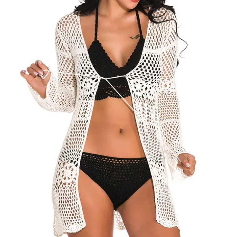 Veste de bikini de plage longue à bretelles ajourées, cardigan à flux sexy, chemisier de protection solaire, mode européenne et américaine, 2019