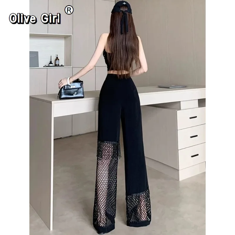 Olivegirl pantalon noir maille grille épissage évider pantalon Sexy jambe large pantalon femmes été gland clouté taille haute plancher