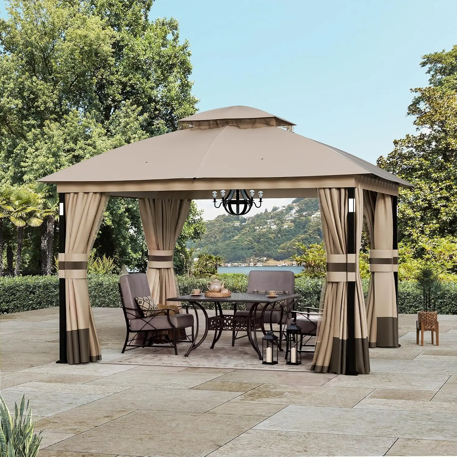 Patio Gazebo 10'x12' with LED Lights & Bluetooth Speaker, Heavy Duty Outdoor Canopy Shelter with Metal Frame, Customized