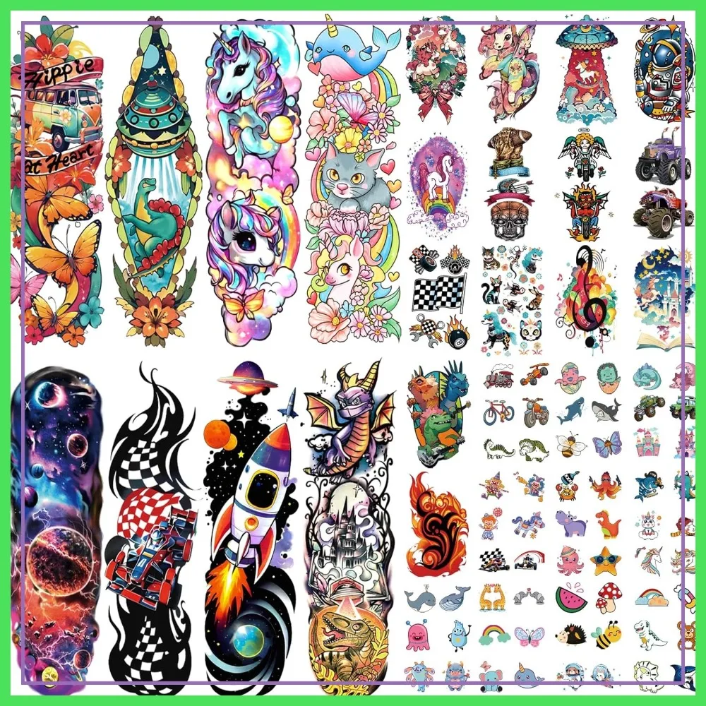 

52 Pcs Full Arm Temporary Tattoos - Rocket Car Dinosaur Planet Astronaut Dolphin Castle Cat Body Stickers for Boys Girls Party Supplies Gifts