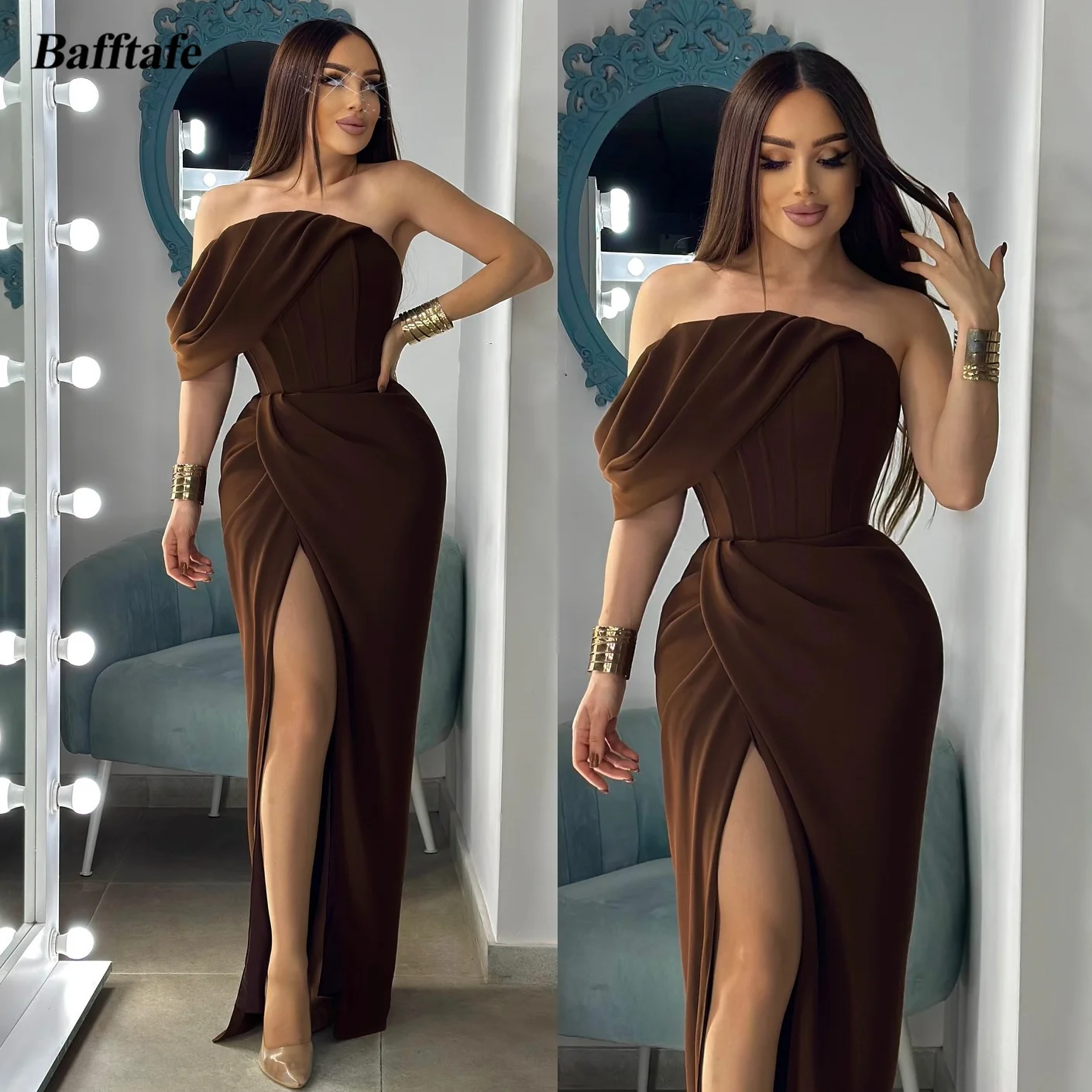 

Bafftafe Brown Crepe Mermaid Customized Prom Dresses Slit Side Saudi Arabic Special Occasion Evening Party Bridesmaid Dress 2026