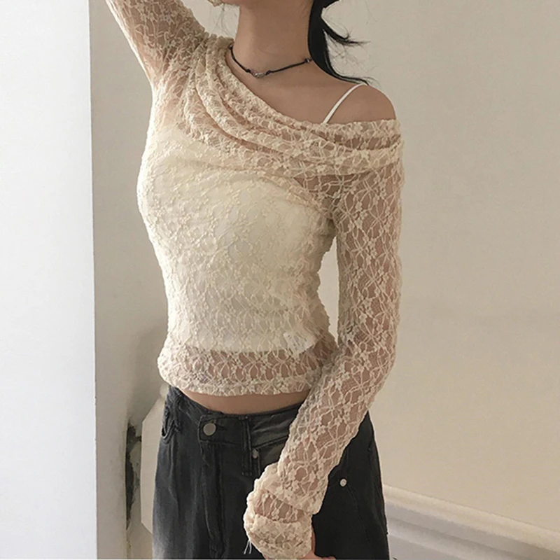 SUCHCUTE Sweet Lace Off-the-Shoulder Cover-Up T-Shirt Sexy Solid Color Semi-Transparent Long Sleeve Tees Casual Y2K Outfit
