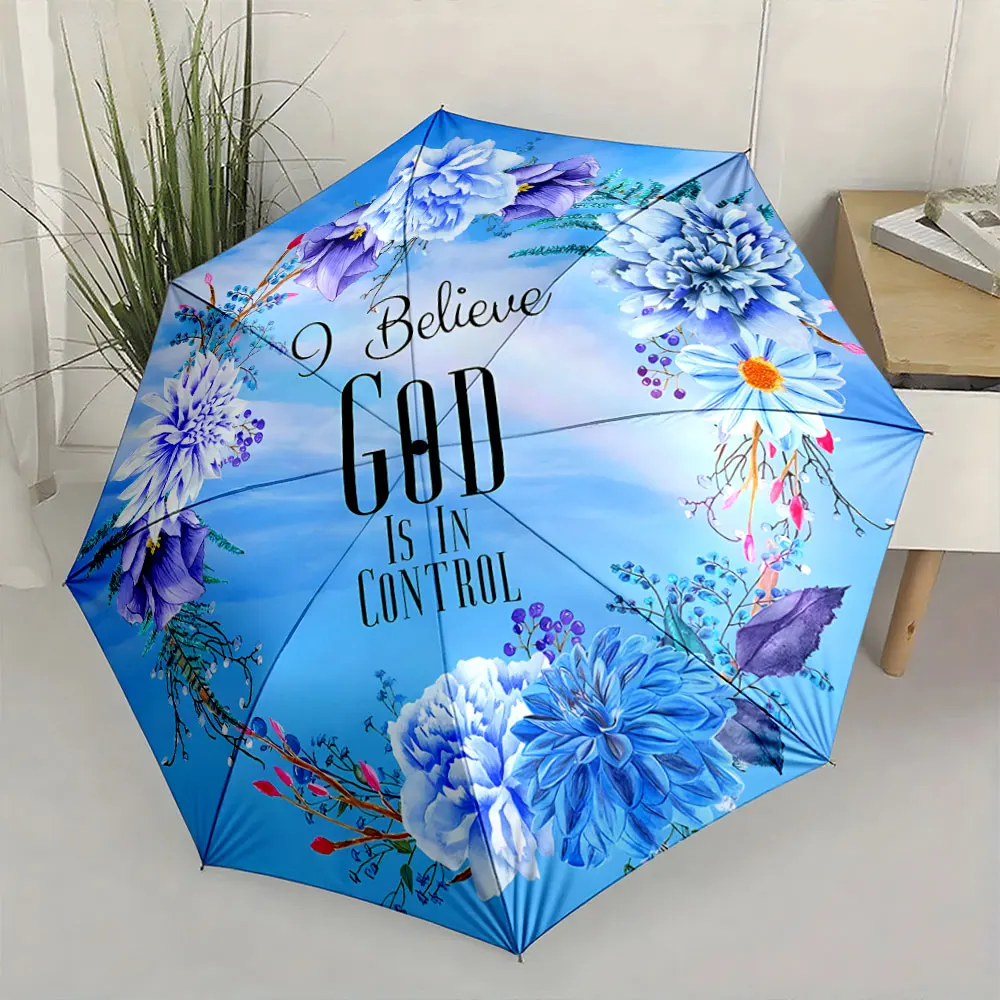 1PC Floral Blue Umbrella with Inspirational Message Print 8 Iron Ribs Folding Umbrella Auto-Open Fashion Sunshade