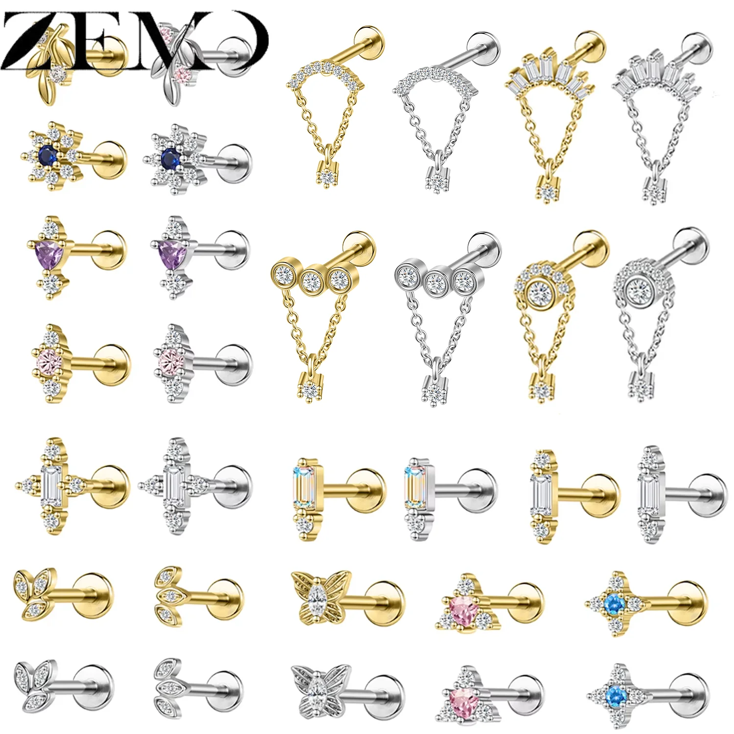 ZEMO 1 Stück 16G Edelstahl Labret Lippenpiercing für Männer und Frauen, Goldfarben, CZ-Kristall, Ohrtragus-Helix-Piercing, Knorpel-Ohrringe