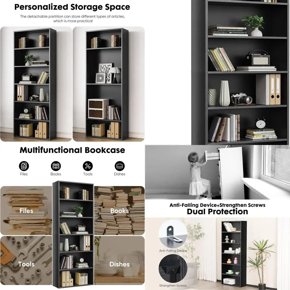 

Industrial 6 Shelf Bookcase - Large 63 Inch Tall Floor Standing Open Bookshelf with Anti-Tipping Device for Home Office, Living