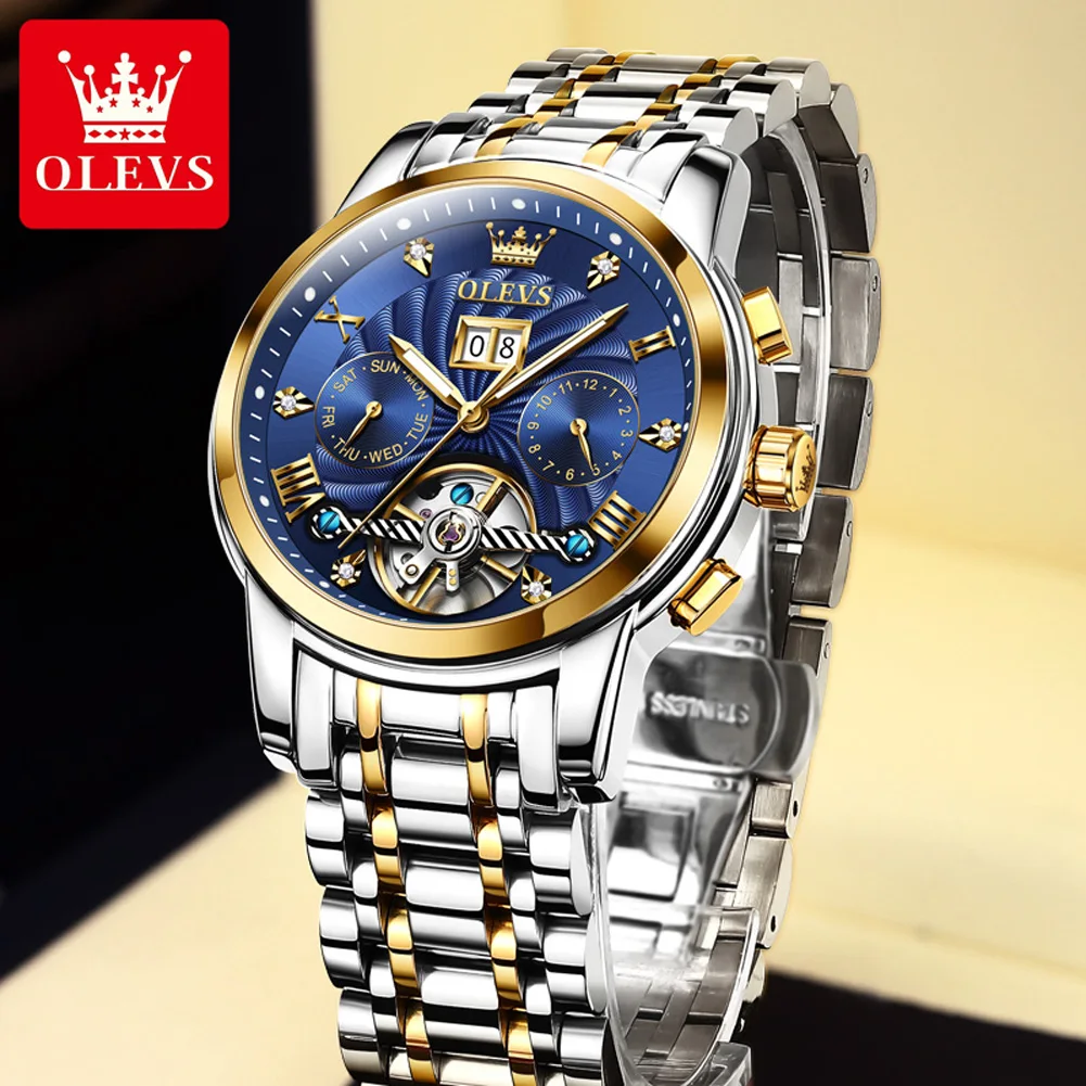 OLEVS 9910 Luxury Automatic Watch for Men Skeleton Men\'s Mechanical Wristwatches Stainless Steel Waterproof Original Man Watch