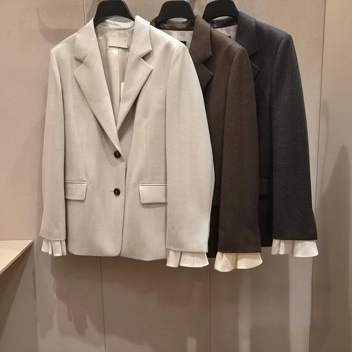 

Women's Woolen Suit Jaet Commute Versatile Matching Waistcoat Patchwork Stand Cut Long Sve Full Lined Windproof