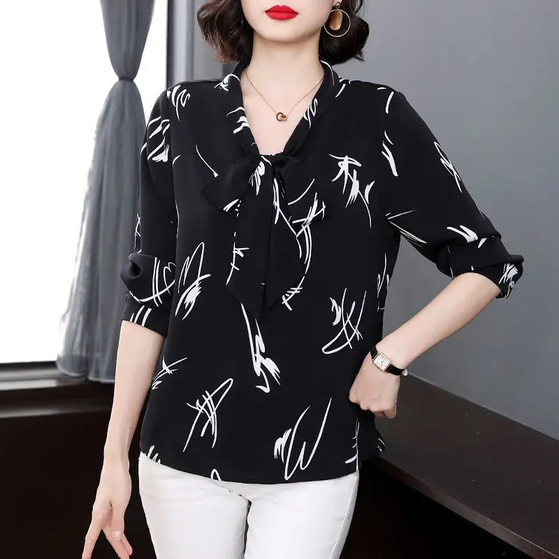 Vintage Fashion Printed Shirt Female Clothing Elegant Scarf Collar Bow 2023 New Spring Autumn Long Sleeve Commute Loose Blouse