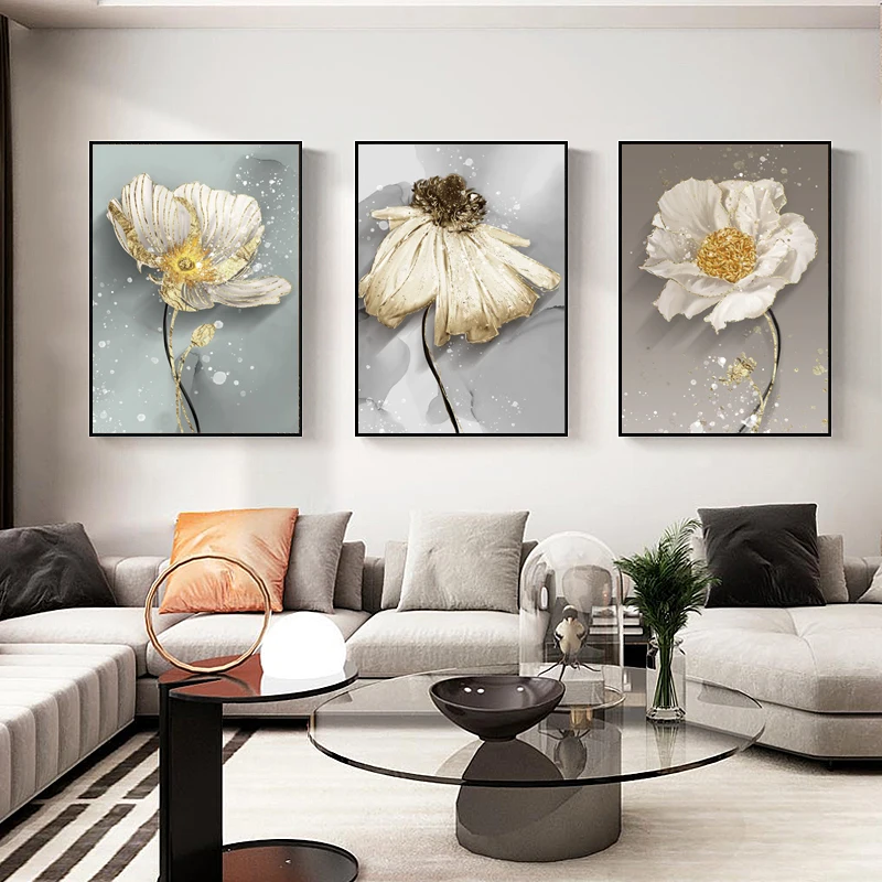 

3Pcs/Set Vintage Plant Flower Gold Paint Flowers Mural Canvas Poster Nordic Minimalist Living Room Wall Art Home Decor Frameless