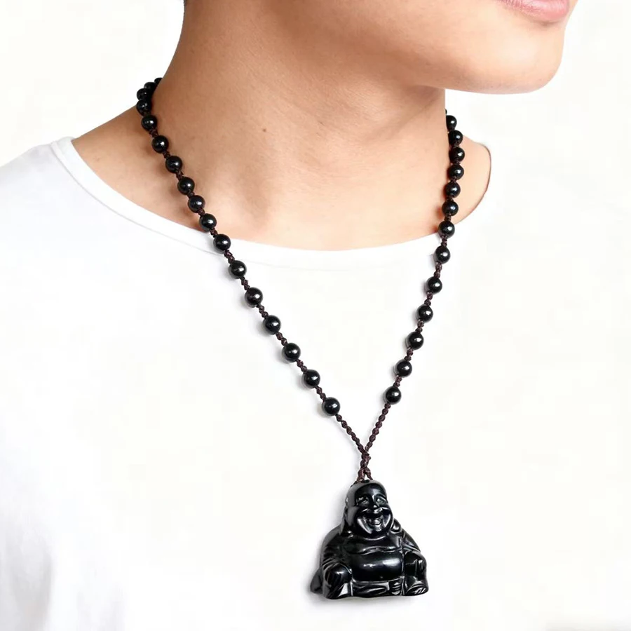 

Unit One Piece Natural Black Obsidian Gemstone Crystal Laugh Buddha Carving Necklace Pendant With Natural Agate Bead Chain