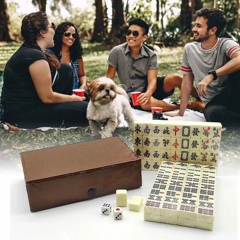 Chinese Mahjong Game Set 144 White Engraved Mini Tiles For Family Gathering For Chinese Style Game Play Family Leisure Time