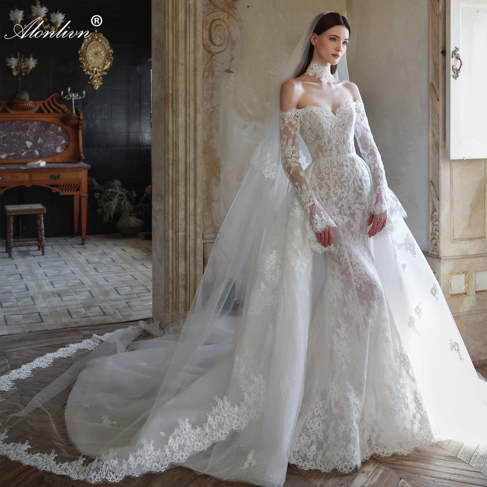 Alonlivn Custom Made Enchanting Lace Mermaid Wedding Dresses Off-the-Shoulder Full Sleeves Removable Train 2 In 1 Bride Gowns