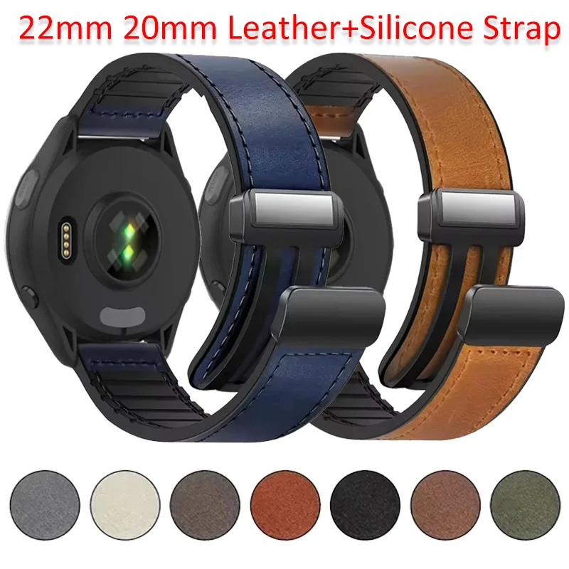 

22mm 20mm Leather+Silicone Strap for Garmin Forerunner 55 165 265 965 255 Replacement Bracelet Active 5/Vivomove Trend/Venu 3 2