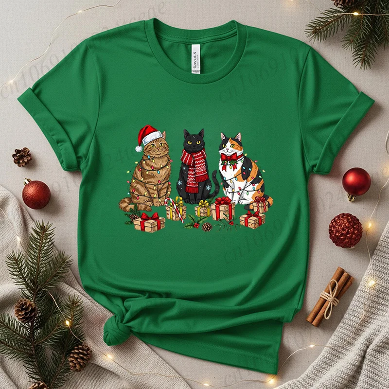Cute Cats with Santa Claus Hat Printed T-Shirts for Women Unisex Clothes Meowy Christmas Design T-Shirts Happy New Year Clothes