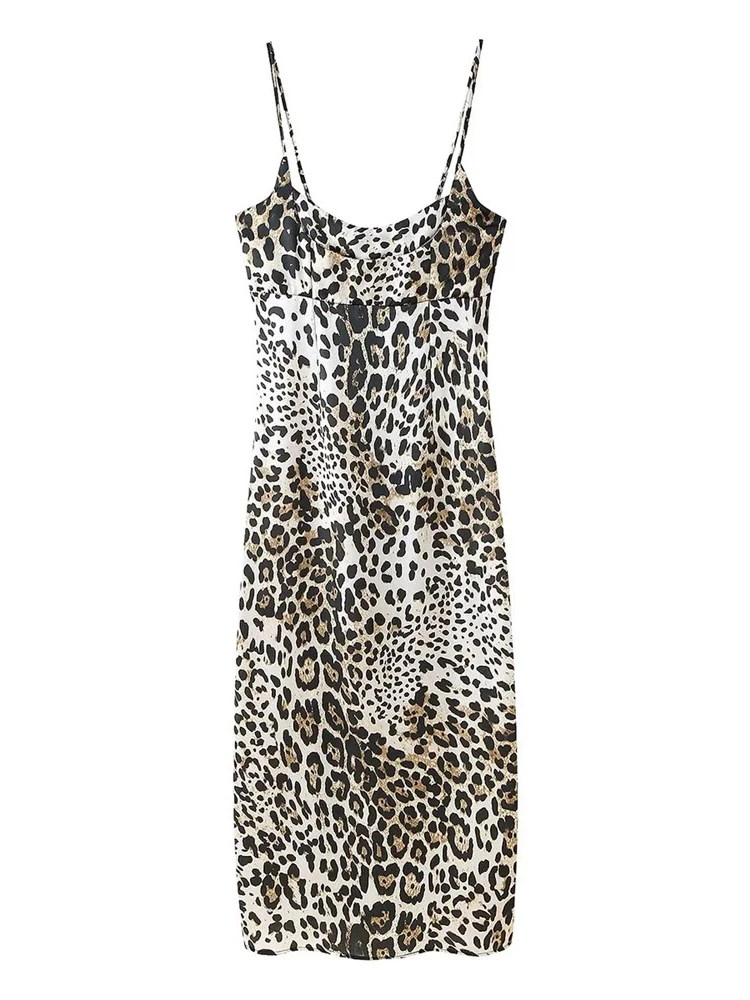 

Ladies 2024 Summer Fashion Animal Print Spaghetti Strap Long Dress Womens Vintage Leopard Print Back Zipper Slim Dresses