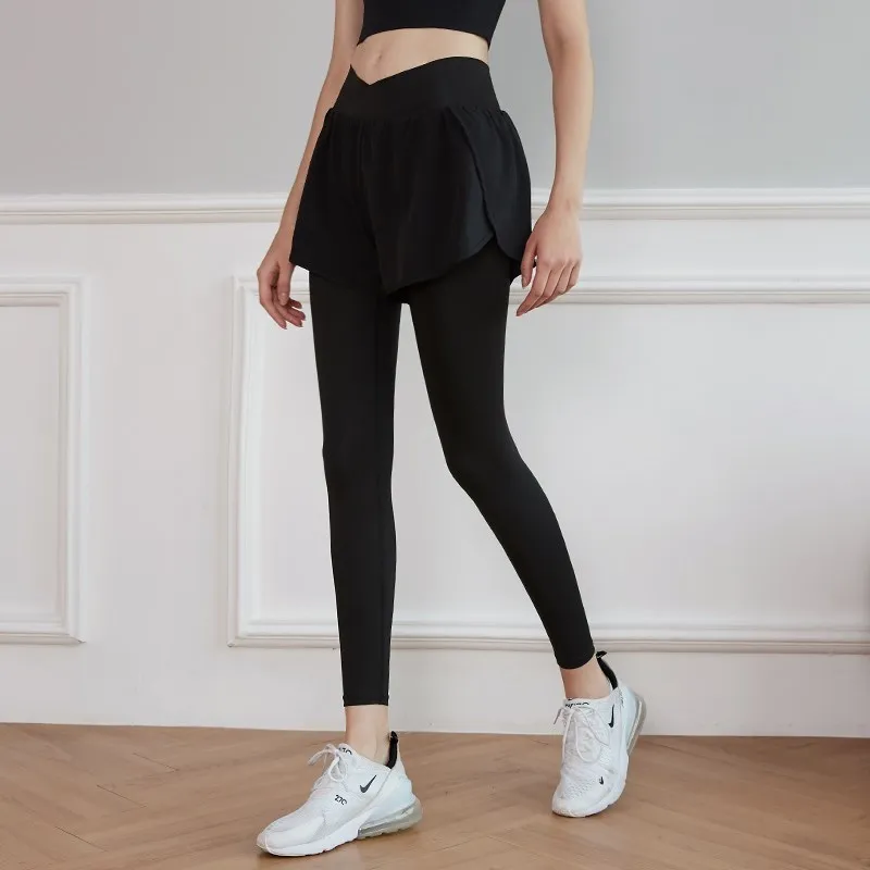 Womens RunningLegging Training Jogging Pants Workout High Waist Slim Leggings Gym Fitness Yoga 2 in 1 Fake Two Shorts + Legging