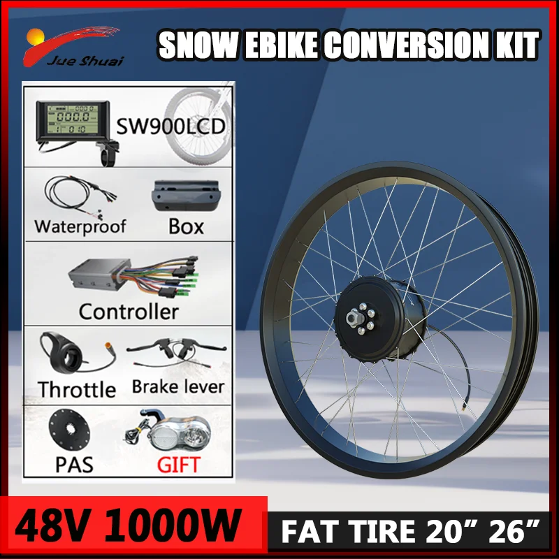 Electric Bike Conversion Kit Brushless Gear Motor Fat Tire 48V 1000W Electric Bike 40° Climbing Angle 20/26Inchx4.0 Wheel Size